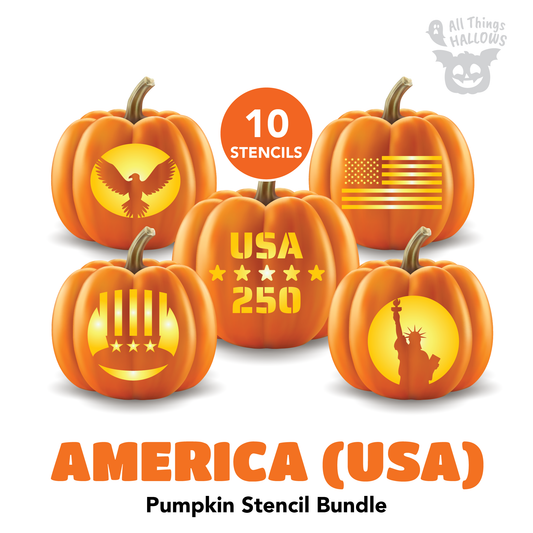 USA Pumpkin Stencil Bundle featuring five patriotic carved pumpkins with American flag, bald eagle, USA 250, stars, and Statue of Liberty designs.