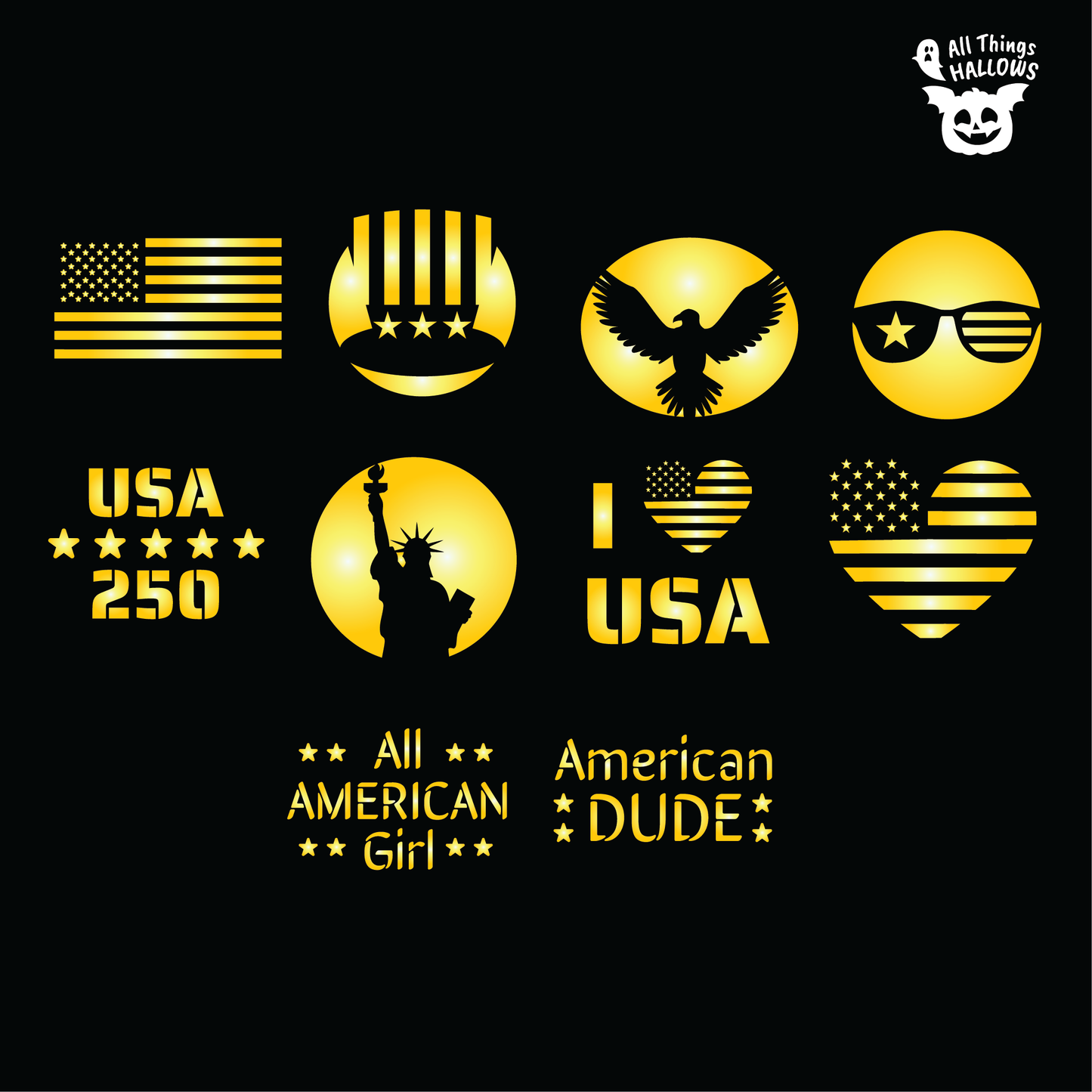 Collection of 10 USA pumpkin stencil designs featuring American flags, bald eagle, Statue of Liberty, USA 250, patriotic stars, All American Girl, and American Dude.