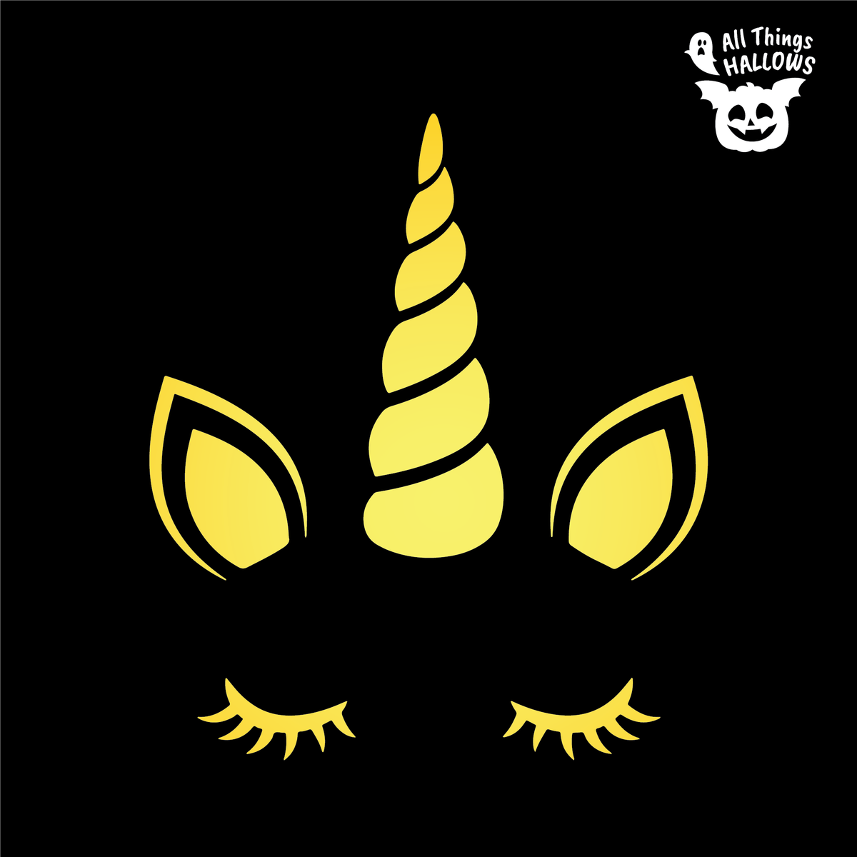 Cute Unicorn Pumpkin Stencil design featuring a spiral horn, pointed ears and closed eyelashes glowing against a black background.