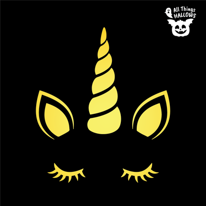 Cute Unicorn Pumpkin Stencil design featuring a spiral horn, pointed ears and closed eyelashes glowing against a black background.