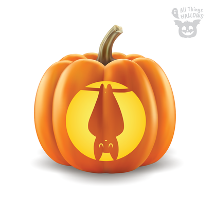 Upside down bat pumpkin stencil featuring a cute hanging bat with folded wings and smiling eyes on an orange Halloween jack-o'-lantern.