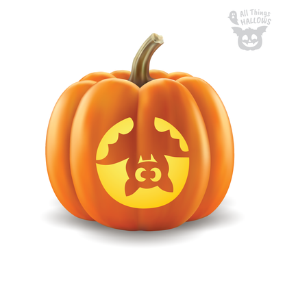 Cute upside down bat pumpkin stencil featuring a playful bat with wide eyes and curved wings inside a glowing circular Halloween carving design.