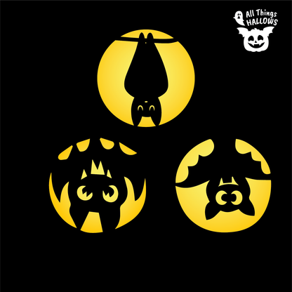 Collection of three upside down bat pumpkin stencils featuring cute hanging bat, spooky bat and peekaboo bat designs on a black background.
