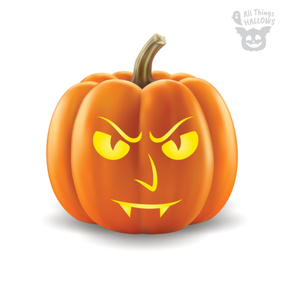 Vampire Skull Pumpkin Stencil carved onto an orange pumpkin with menacing eyes, pointed features, and sharp vampire fangs.