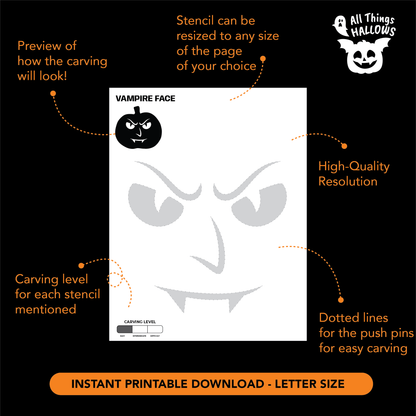 Printable Vampire Skull Pumpkin Stencil showing the vampire face design, dotted transfer lines, carving level guide, and instant download details.