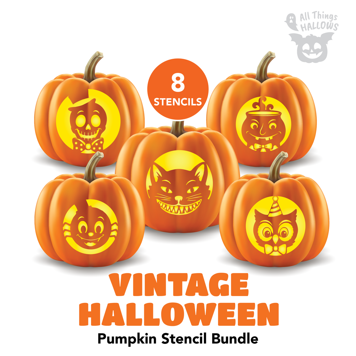 Vintage Halloween Pumpkin Stencil Bundle featuring eight printable retro Halloween carving designs including cats, witches, skeletons, owls and ravens.