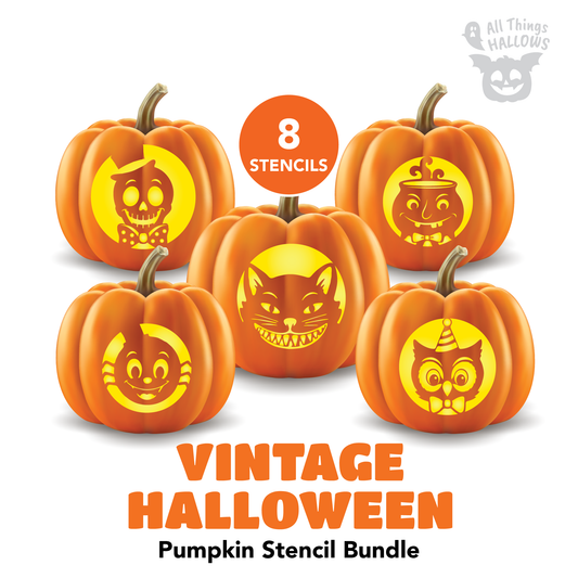 Vintage Halloween Pumpkin Stencil Bundle featuring eight printable retro Halloween carving designs including cats, witches, skeletons, owls and ravens.