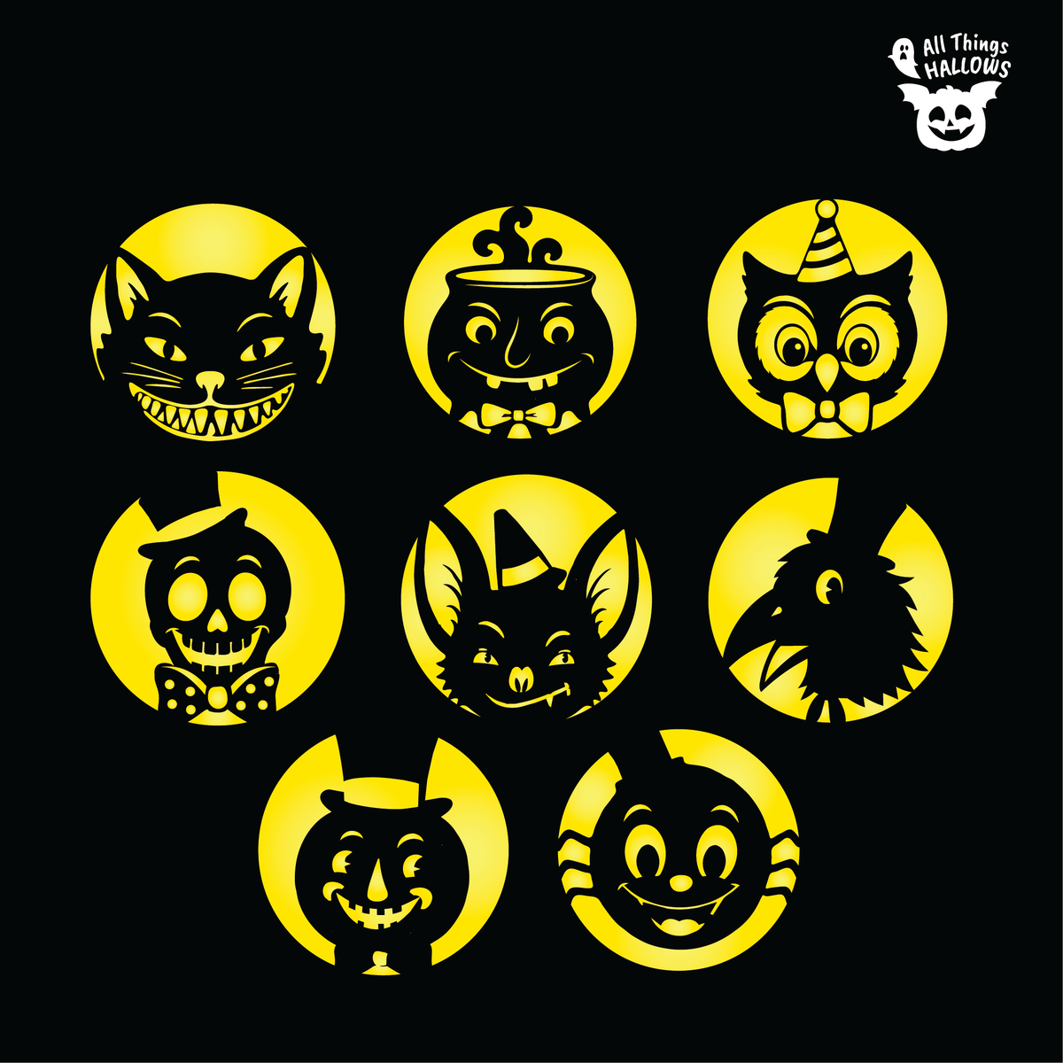 Eight Vintage Halloween Pumpkin Stencil designs featuring a grinning cat, witch, owl, skeleton, raven and retro Halloween characters.
