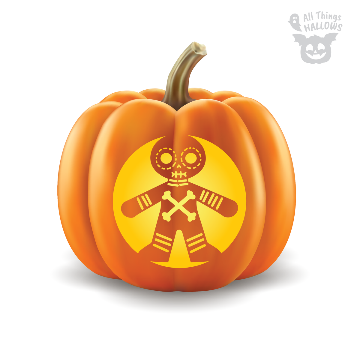 Voodoo Doll Pumpkin Stencil carved into an orange jack-o'-lantern with a skull face, stitched details and crossed bones.