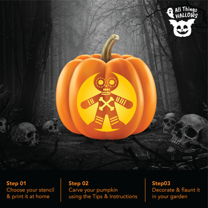 Glowing Voodoo Doll pumpkin carving displayed in a dark spooky forest with skulls for Halloween decoration.