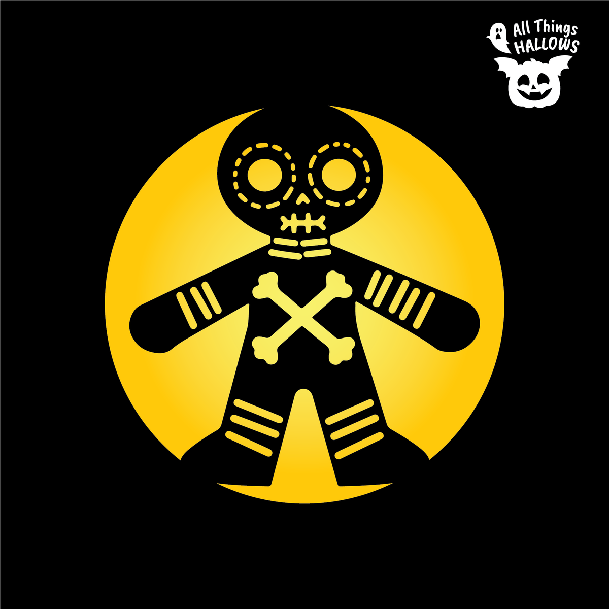 Voodoo Doll Pumpkin Stencil design featuring a skull-like head, stitched details and crossed bones on a black background.