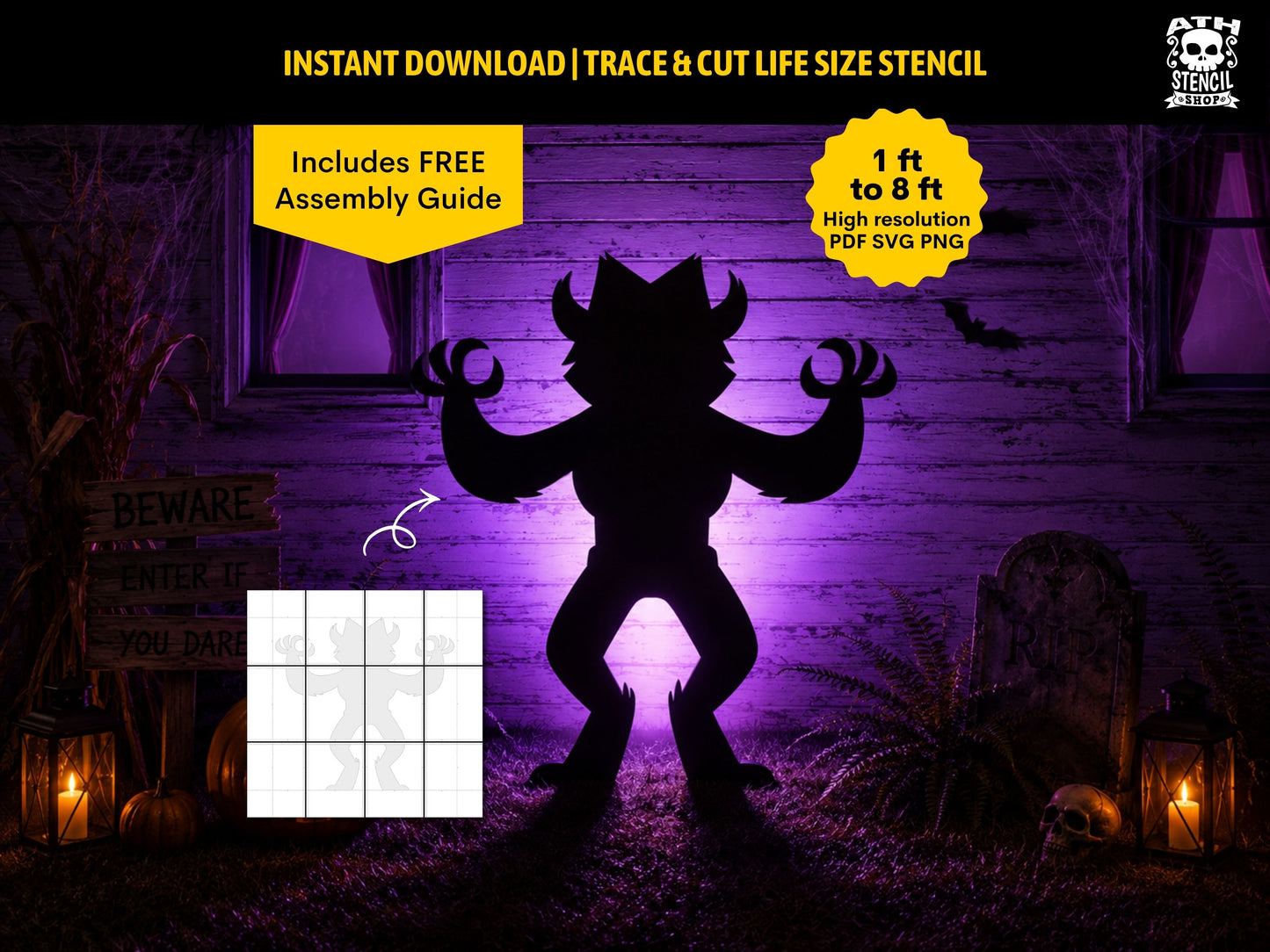 Werewolf Halloween yard stencil featuring a fierce werewolf silhouette with raised claws, printable life-size outdoor decoration from 1 foot to 8 feet.