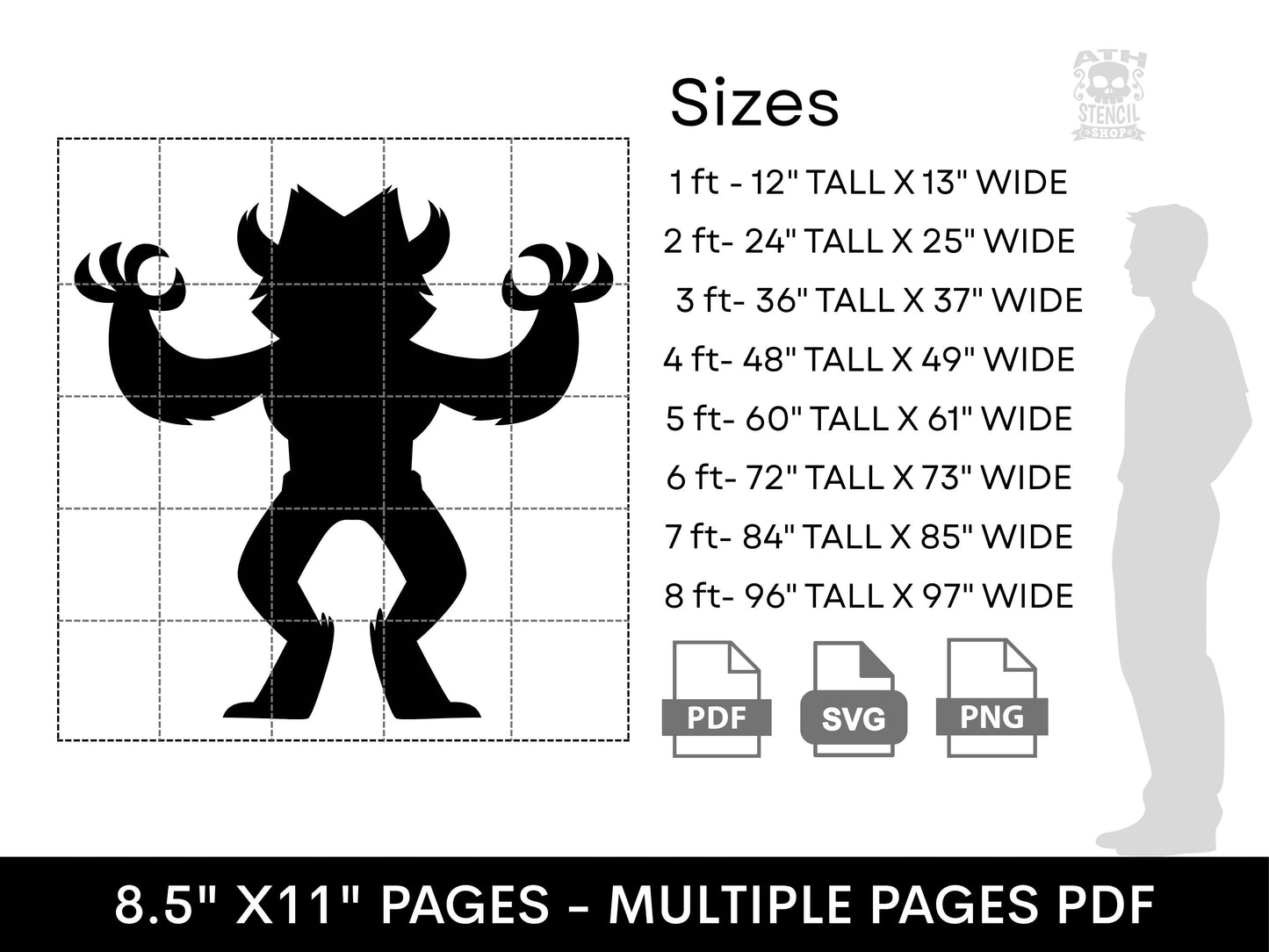 Werewolf yard stencil size chart showing printable dimensions from 1 foot to 8 feet with PDF, SVG, and PNG digital download formats.