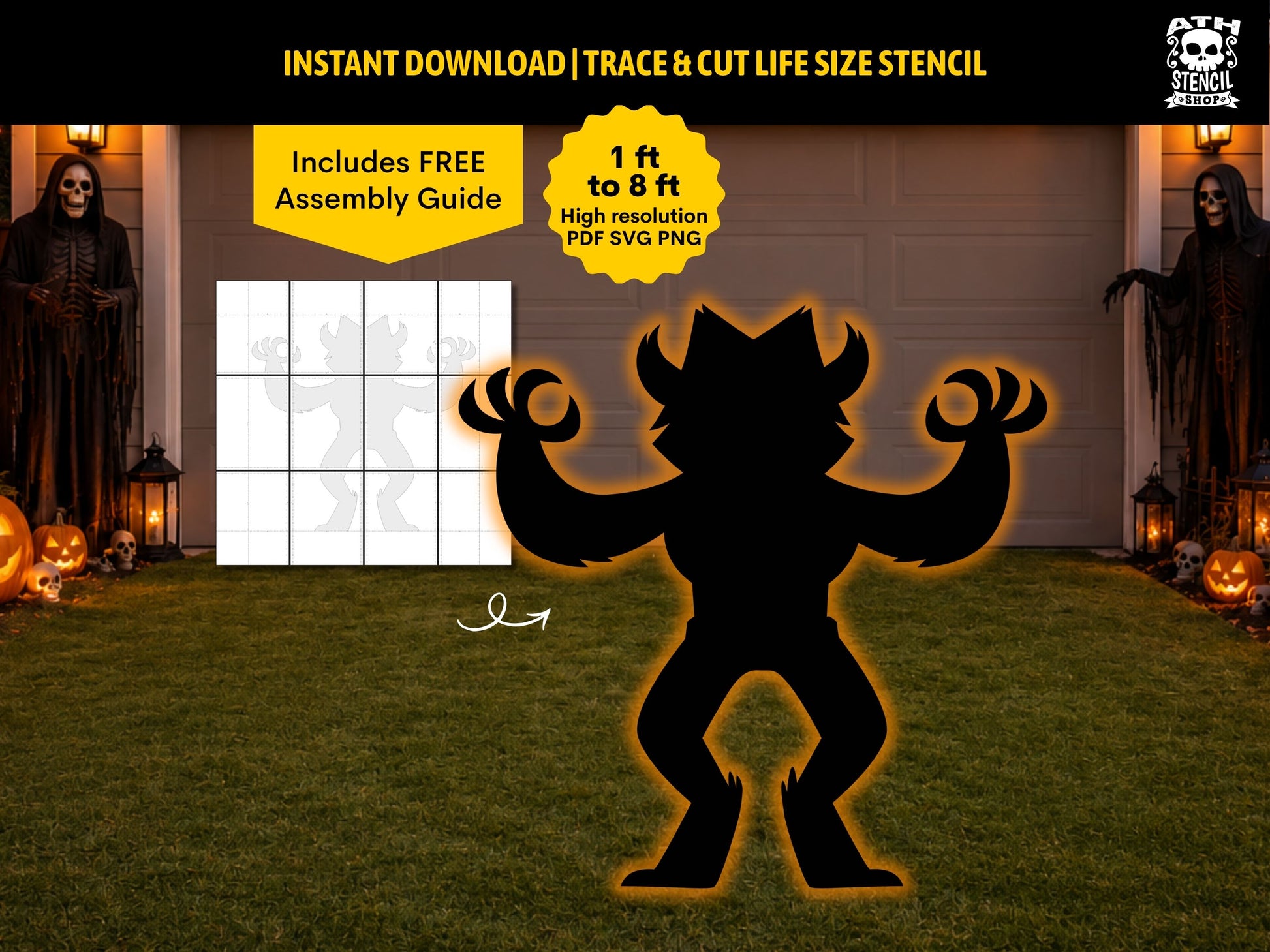 Large Werewolf Halloween yard decoration silhouette displayed on a front lawn, created using a printable life-size outdoor stencil.