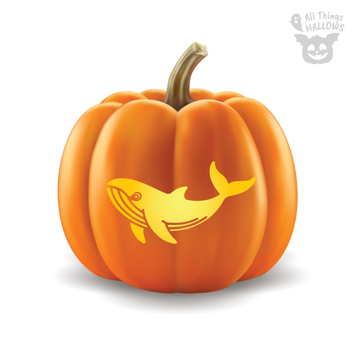 Whale Pumpkin Stencil carved on an orange pumpkin featuring a glowing whale design with curved fins, detailed throat lines and a raised tail.