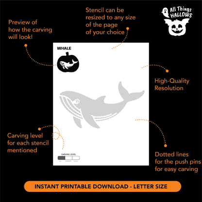 Printable Whale Pumpkin Stencil showing the whale carving pattern, resizing information, push pin guidelines and carving difficulty level.