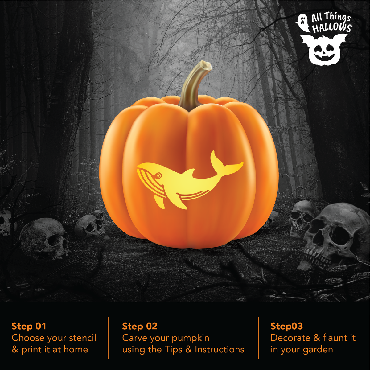 Whale Pumpkin Stencil carved on a glowing orange pumpkin displayed in a dark spooky Halloween forest with skull decorations.