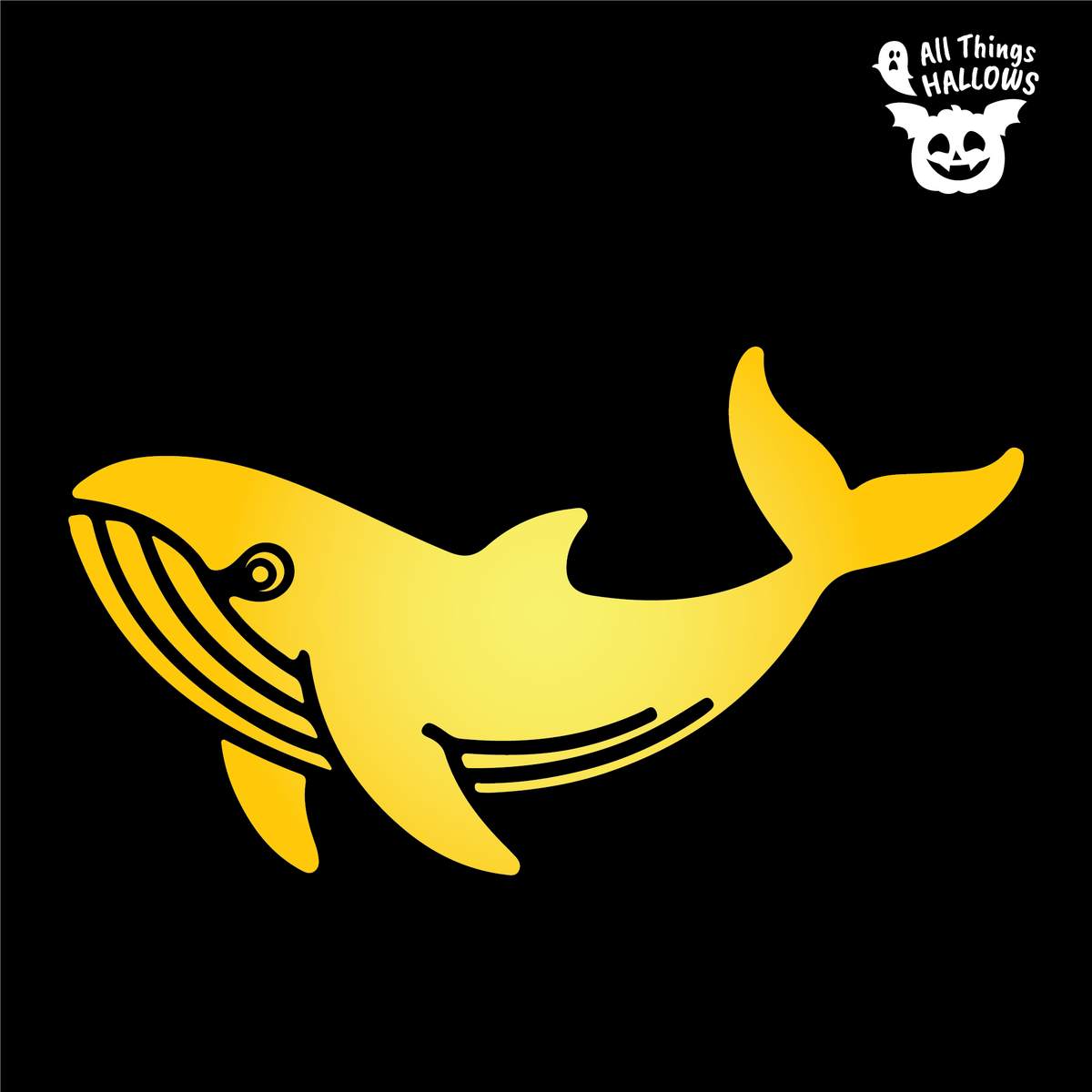 Whale Pumpkin Stencil design featuring a large whale silhouette with detailed throat lines, fins and raised tail on a black background.