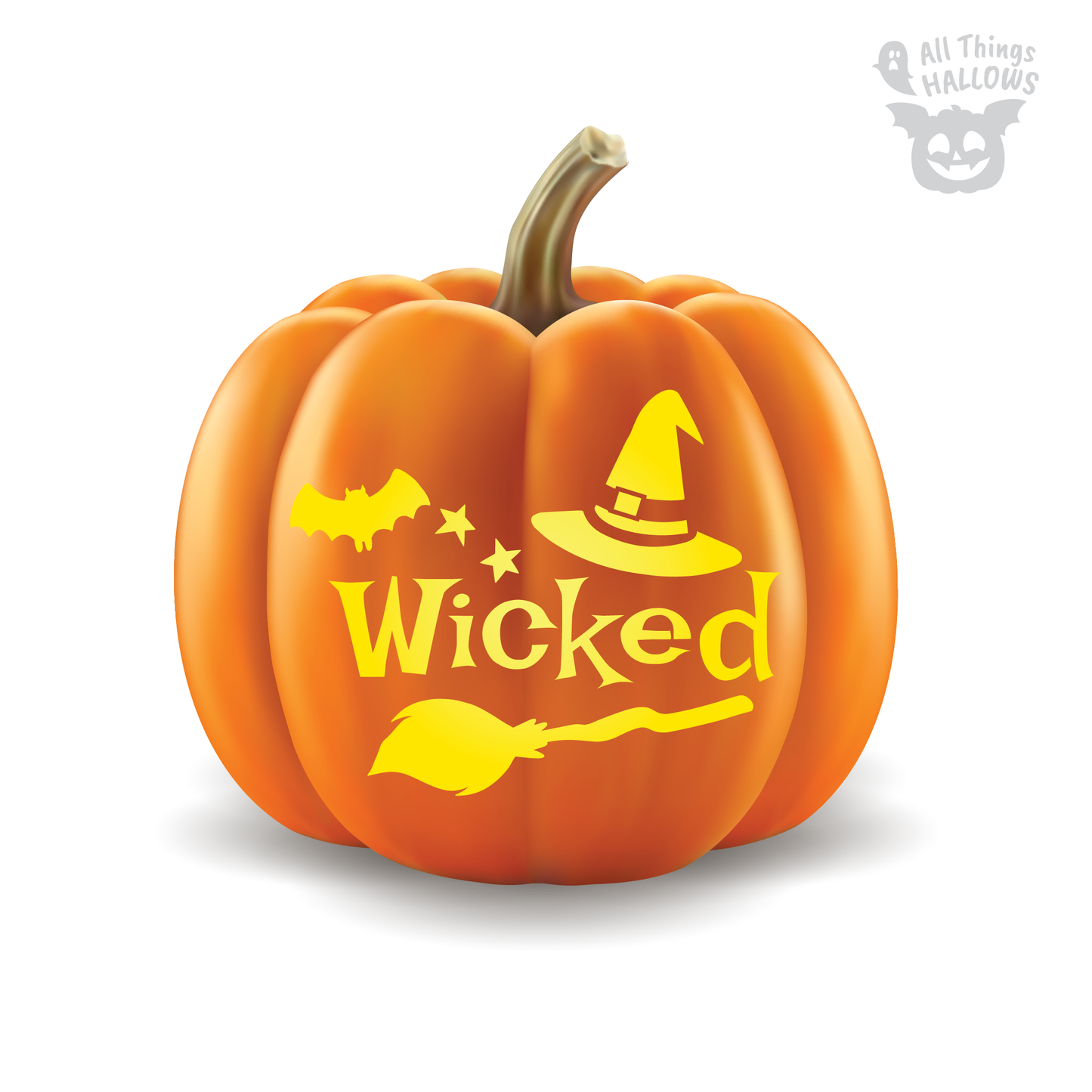 Finished Wicked jack-o'-lantern showcasing a witch hat, bat, stars, and broomstick design carved into a Halloween pumpkin.