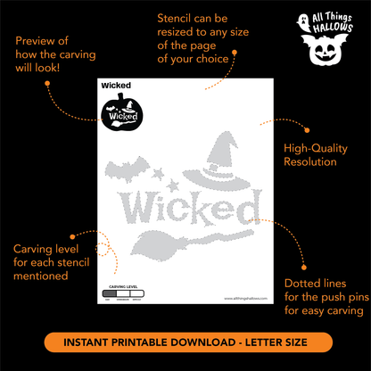 Printable Wicked pumpkin carving template showing high-resolution design, push-pin guides, carving difficulty, and letter-size instant download.