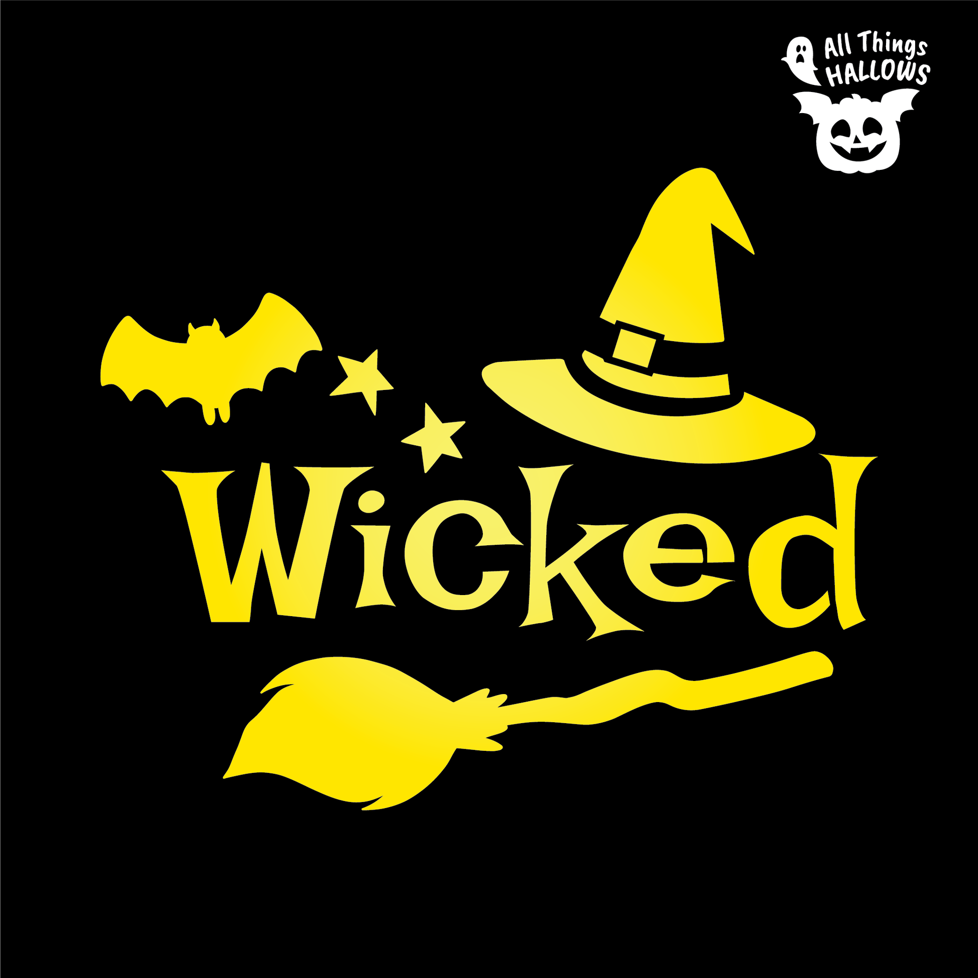 Wicked pumpkin carving stencil featuring a witch hat, broomstick, bat, and stars, printable Halloween pumpkin template for instant download.
