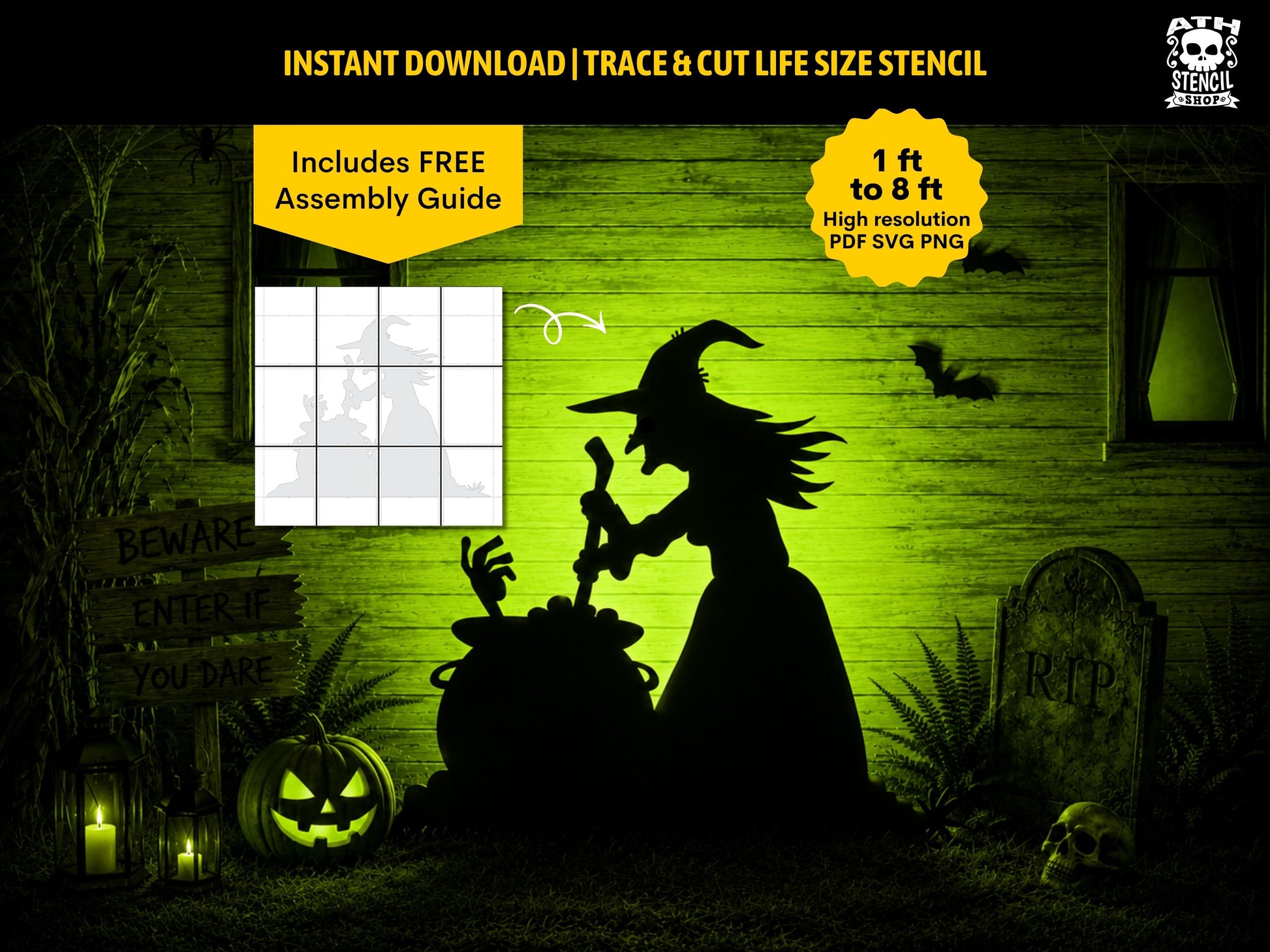 Witches Brew Halloween yard stencil featuring a witch stirring a bubbling cauldron with a spooky hand reaching out, printable life-size silhouette for outdoor Halloween decorations.