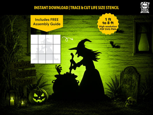 Witches Brew Halloween yard stencil featuring a witch stirring a bubbling cauldron with a spooky hand reaching out, printable life-size silhouette for outdoor Halloween decorations.