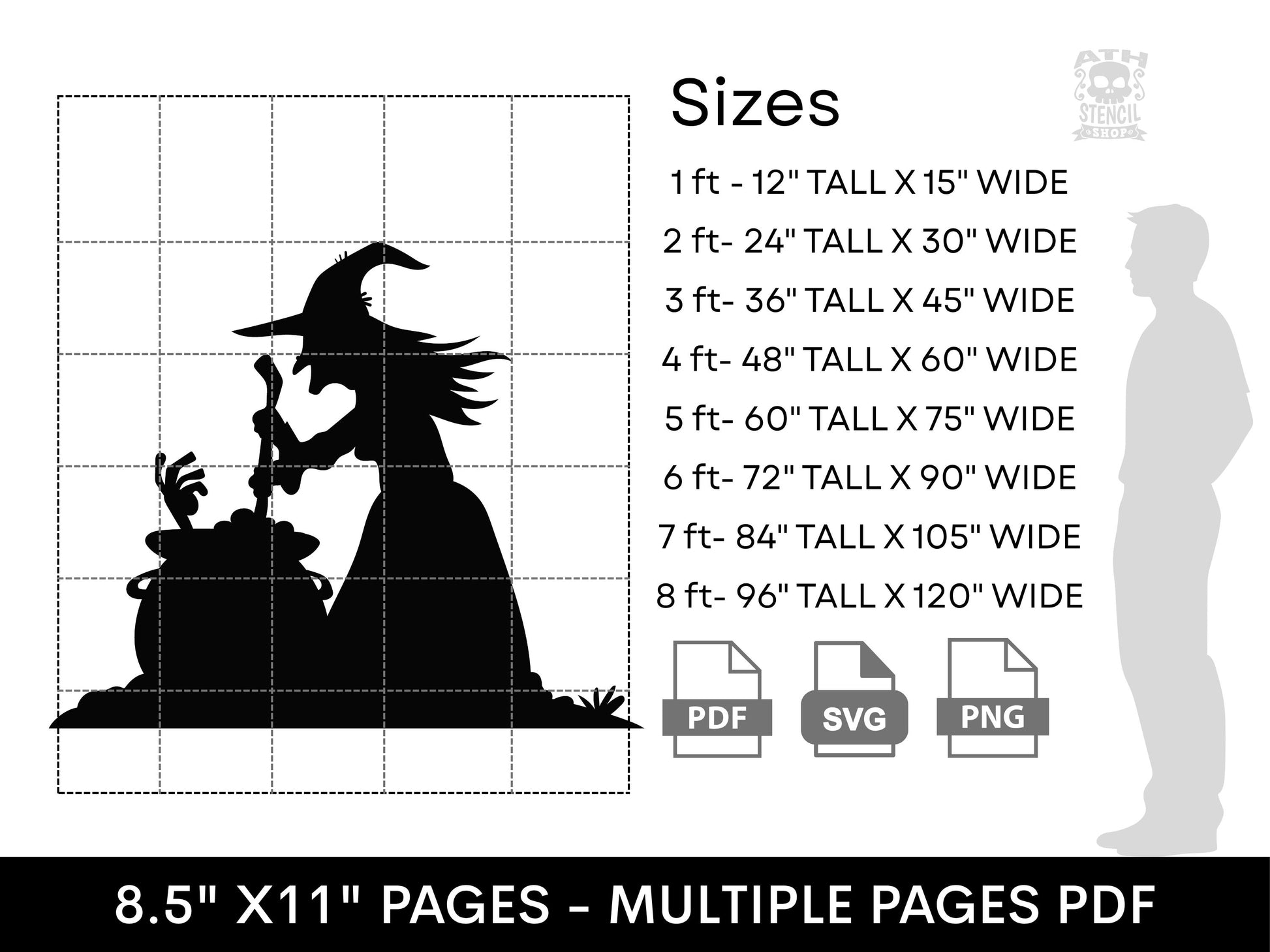 Witches Brew yard stencil size chart showing printable dimensions from 1 foot to 8 feet with PDF, SVG, and PNG digital download formats.