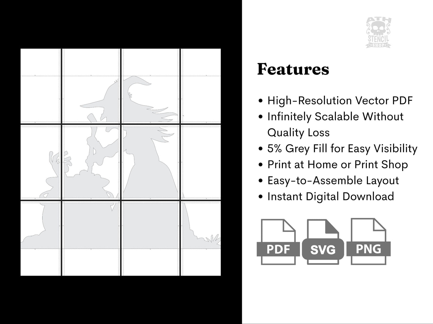 Printable Witches Brew stencil template featuring a high-resolution witch silhouette with cauldron, easy assembly layout, and PDF, SVG, PNG file formats.