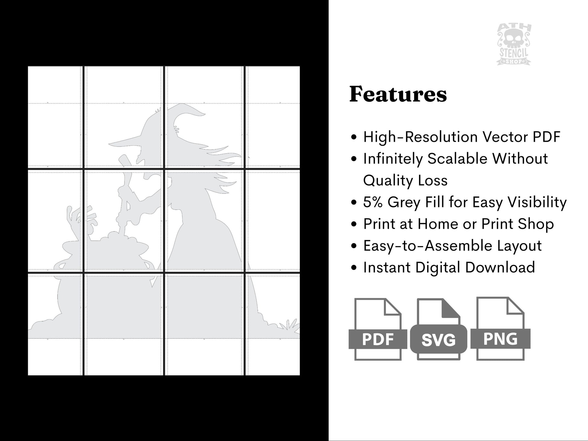 Printable Witches Brew stencil template featuring a high-resolution witch silhouette with cauldron, easy assembly layout, and PDF, SVG, PNG file formats.