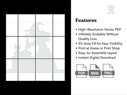 Printable Witches Brew stencil template featuring a high-resolution witch silhouette with cauldron, easy assembly layout, and PDF, SVG, PNG file formats.