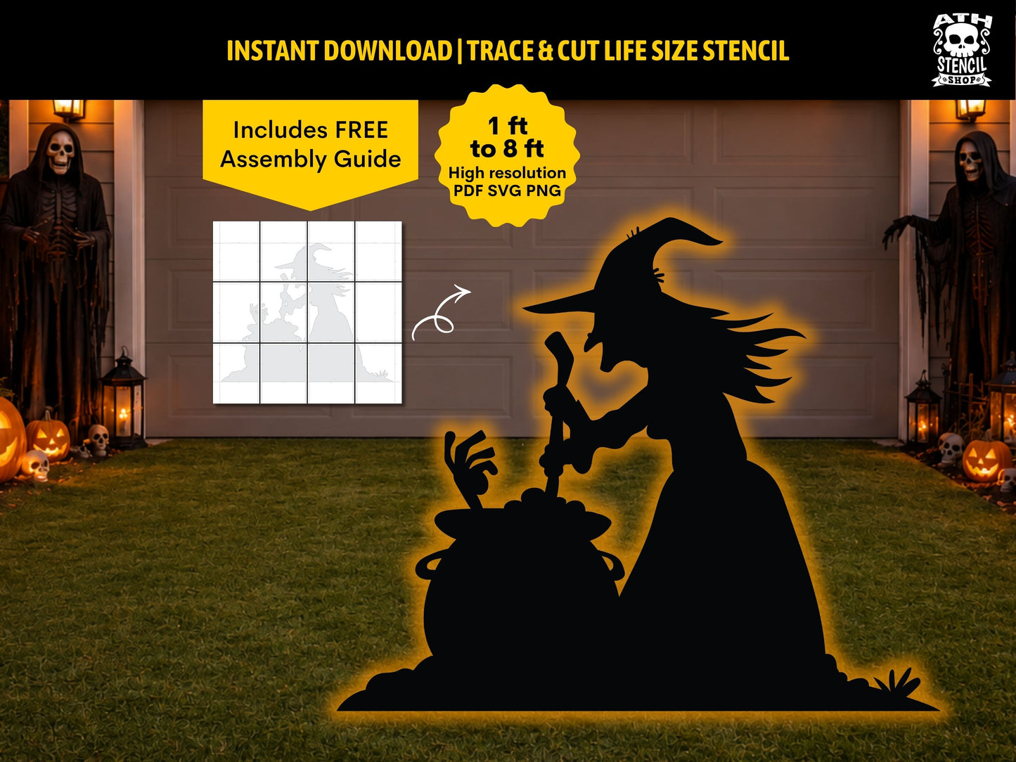 Large Witches Brew Halloween yard decoration silhouette showing a witch stirring a magical cauldron, created using a printable life-size outdoor stencil.