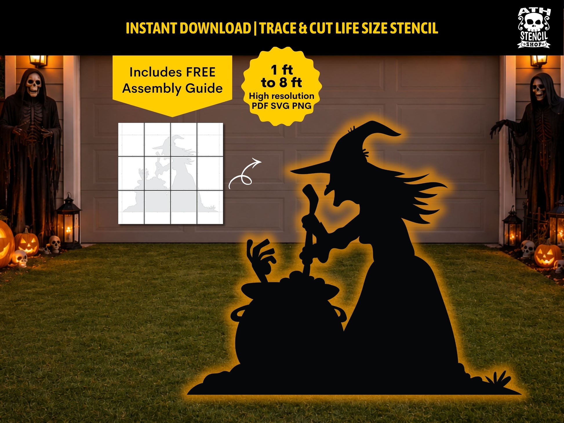 Large Witches Brew Halloween yard decoration silhouette showing a witch stirring a magical cauldron, created using a printable life-size outdoor stencil.