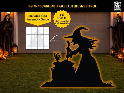 Large Witches Brew Halloween yard decoration silhouette showing a witch stirring a magical cauldron, created using a printable life-size outdoor stencil.