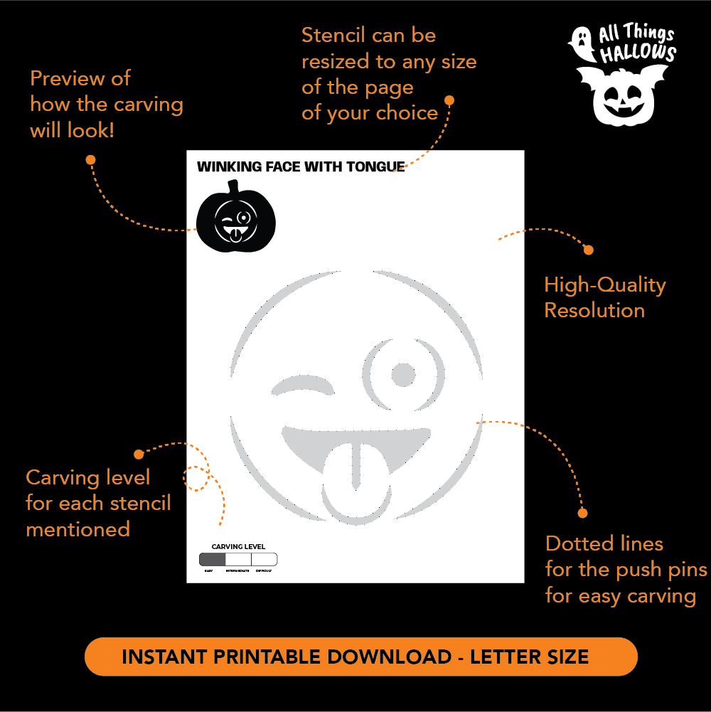 Winking Face With Tongue Emoji Pumpkin Stencil