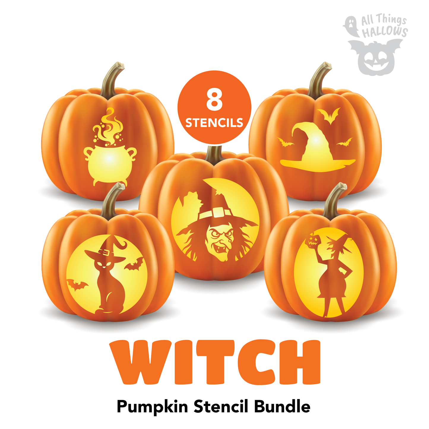 Witch Pumpkin Stencil Bundle featuring 8 printable Halloween carving designs including witches, black cat, witch hat, bats and bubbling cauldron.