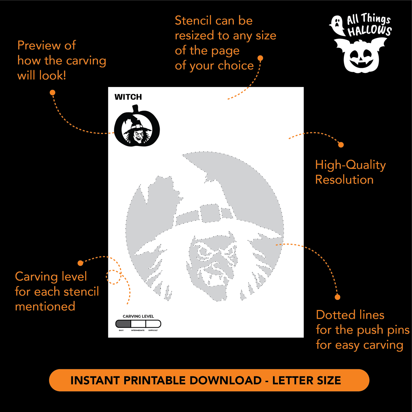 Printable witch pumpkin stencil preview showing a spooky witch face carving pattern with resizing, carving level and transfer information.