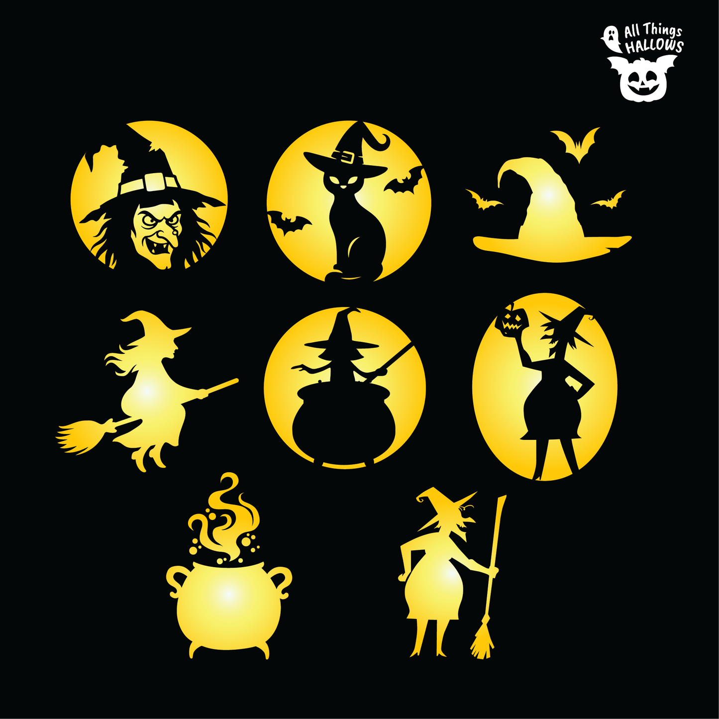Collection of 8 Witch Pumpkin Stencil designs featuring witch silhouettes, flying witch, witch hat, black cat, bats and bubbling cauldron.