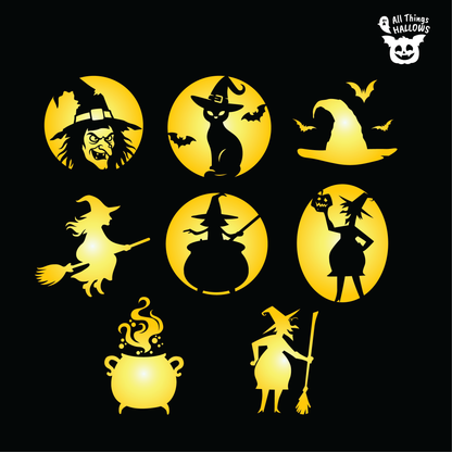 Collection of 8 Witch Pumpkin Stencil designs featuring witch silhouettes, flying witch, witch hat, black cat, bats and bubbling cauldron.