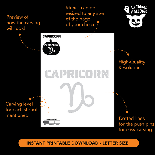 Printable Capricorn Zodiac Symbol pumpkin carving stencil preview showing high-resolution template with carving level, dotted tracing lines, and instant printable download format.