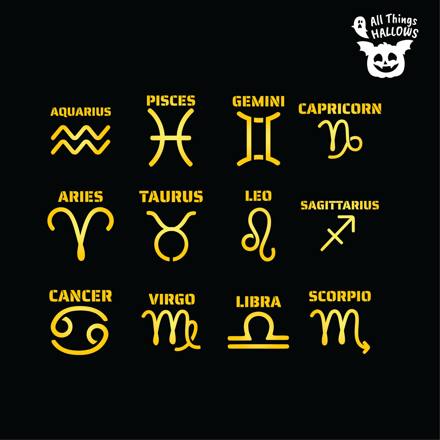 Easy Zodiac Symbols Pumpkin Stencil Bundle with 12 printable astrology sign templates for Halloween featuring beginner-friendly pumpkin carving designs for all zodiac signs.