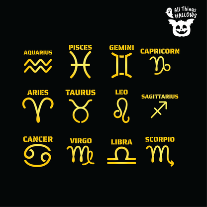 Easy Zodiac Symbols Pumpkin Stencil Bundle with 12 printable astrology sign templates for Halloween featuring beginner-friendly pumpkin carving designs for all zodiac signs.