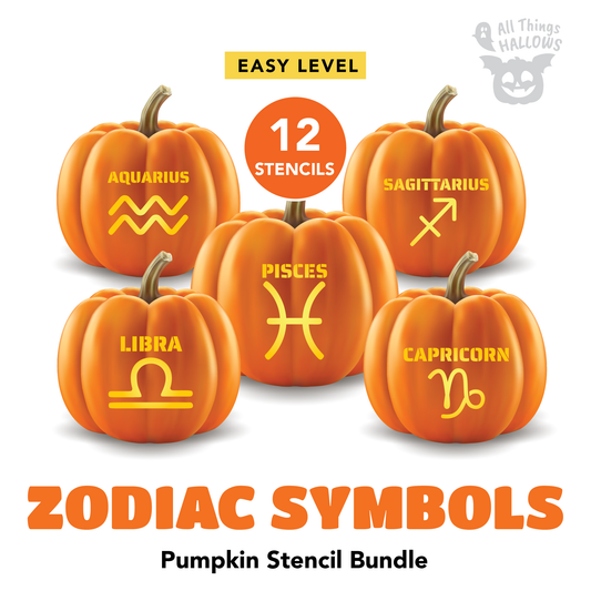 Easy Zodiac Symbols Pumpkin Stencil Bundle featuring all 12 printable astrology symbol designs for Halloween pumpkin carving including Aries, Taurus, Gemini, Cancer, Leo, Virgo, Libra, Scorpio, Sagittarius, Capricorn, Aquarius, and Pisces.
