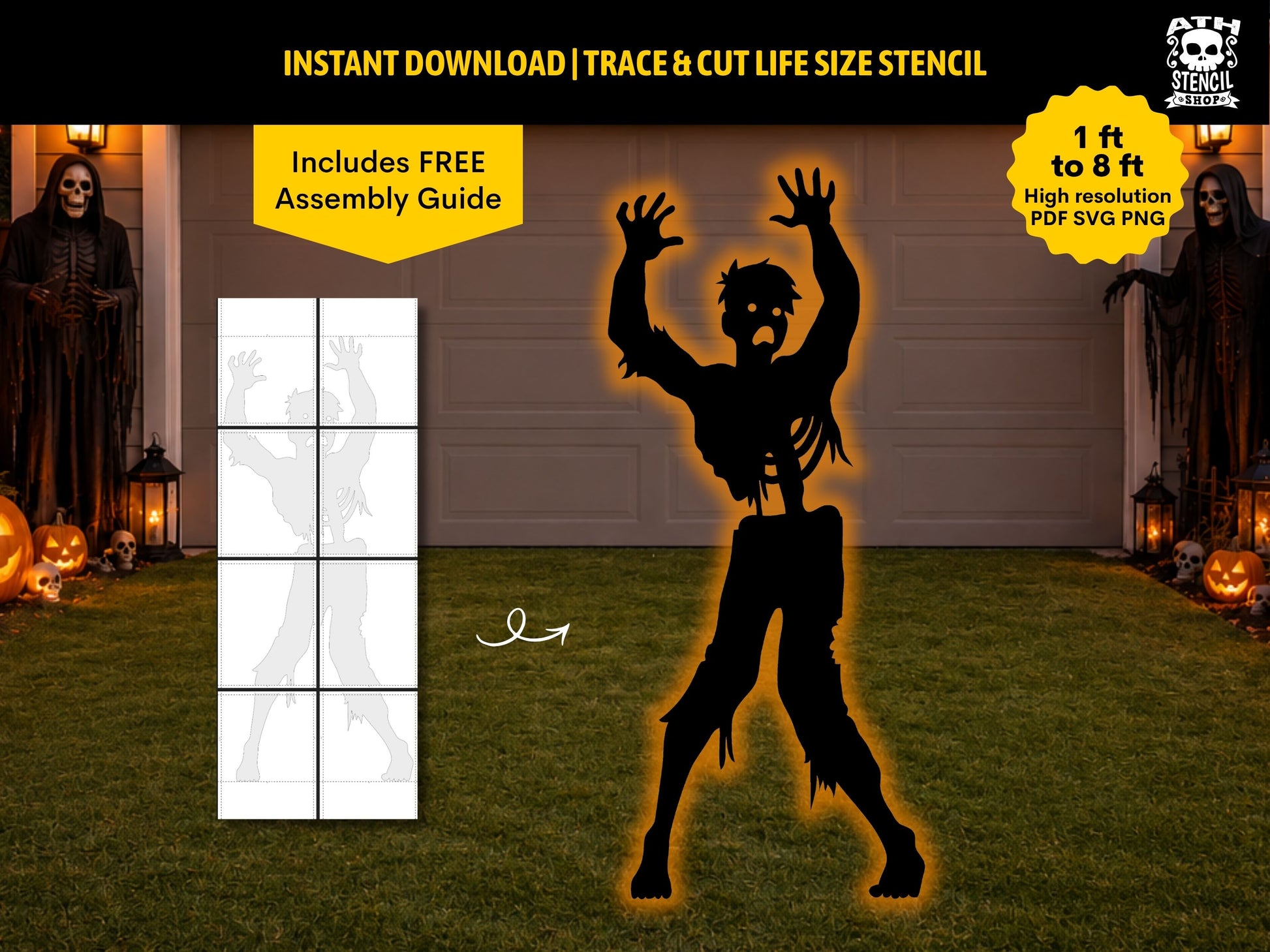 Large zombie Halloween yard stencil displayed on a lawn in front of a garage, with a printable template preview and 1 to 8 ft size options.