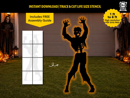 Large zombie Halloween yard stencil displayed on a lawn in front of a garage, with a printable template preview and 1 to 8 ft size options.