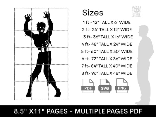 Zombie yard stencil size guide showing 1 to 8 foot sizes, dimensions, PDF, SVG and PNG file formats, and multi-page printing.