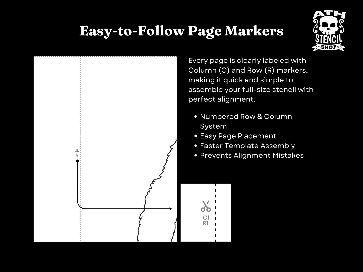 Zombie stencil page assembly guide showing multiple printable pages joined together to create the full-size zombie silhouette.