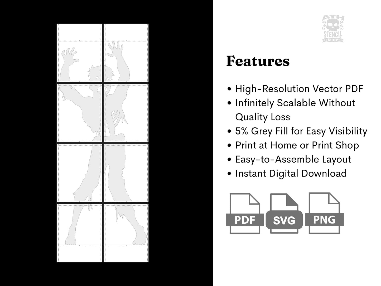 Zombie yard stencil features showing high-resolution vector PDF, scalable artwork, 5% gray fill, easy assembly, print-at-home options, and instant digital download.