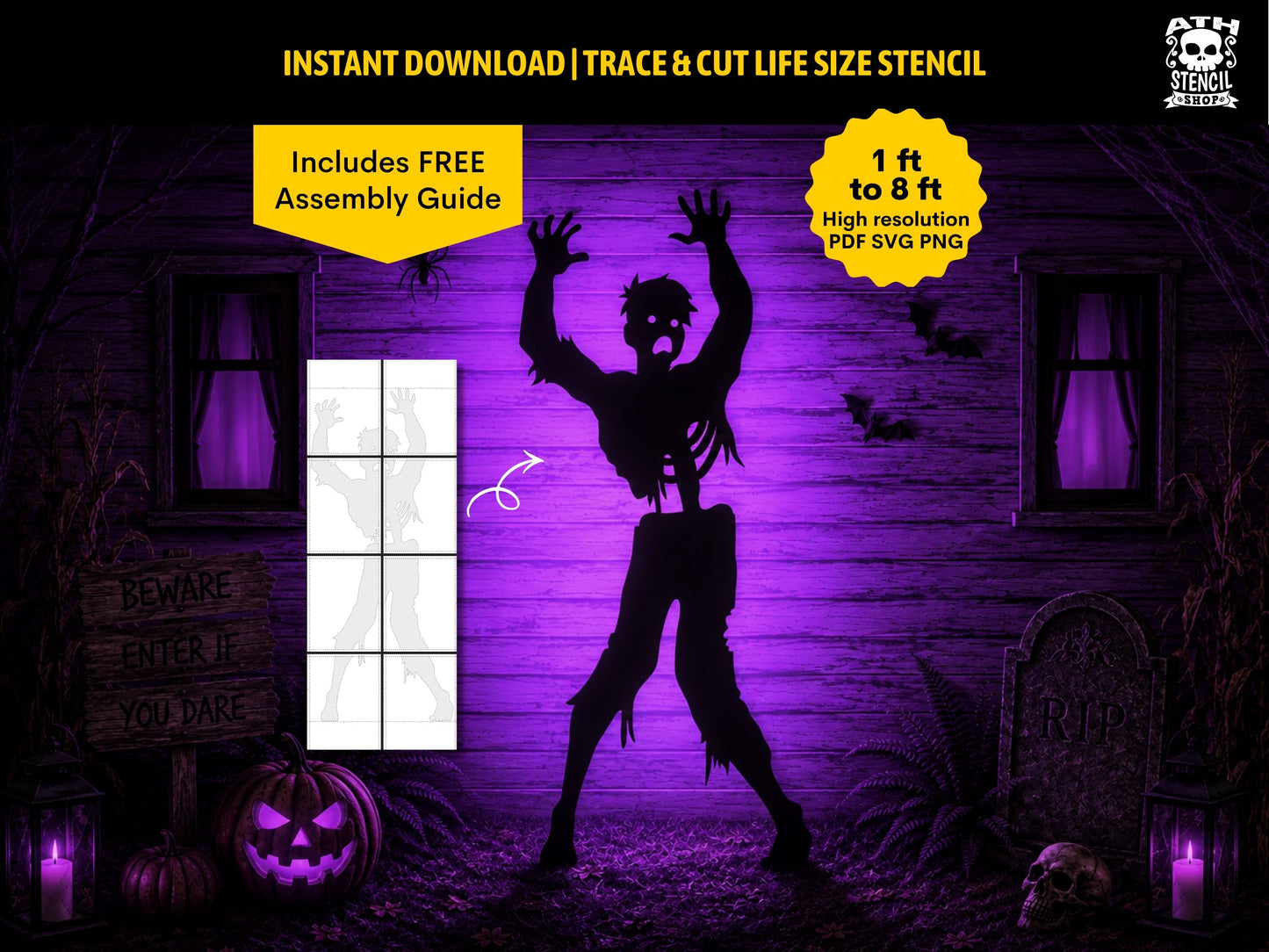 Zombie yard stencil displayed as a dramatic purple Halloween silhouette in a spooky graveyard scene with pumpkins, bats, tombstones, and purple lighting.